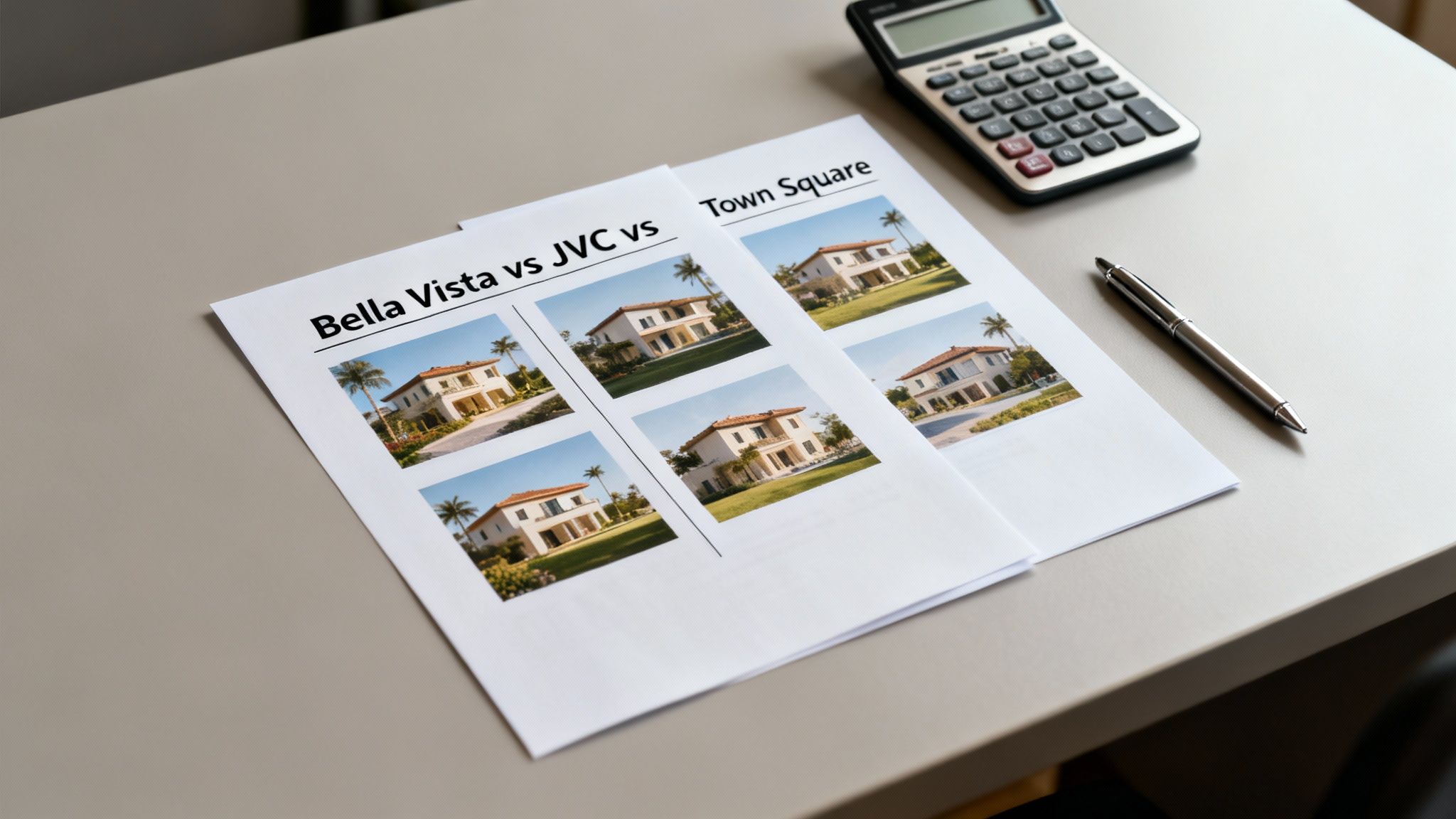 Documents comparing houses in Bella Vista, JVC, and Town Square, with a calculator and pen on a desk.