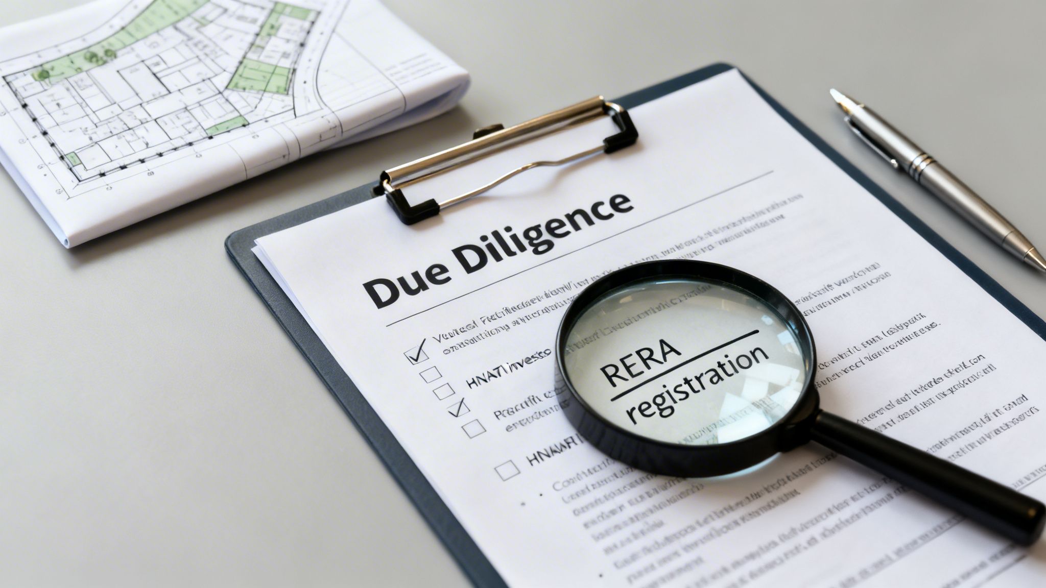 A due diligence document with 'RERA registration' highlighted by a magnifying glass, next to a blueprint and pen.