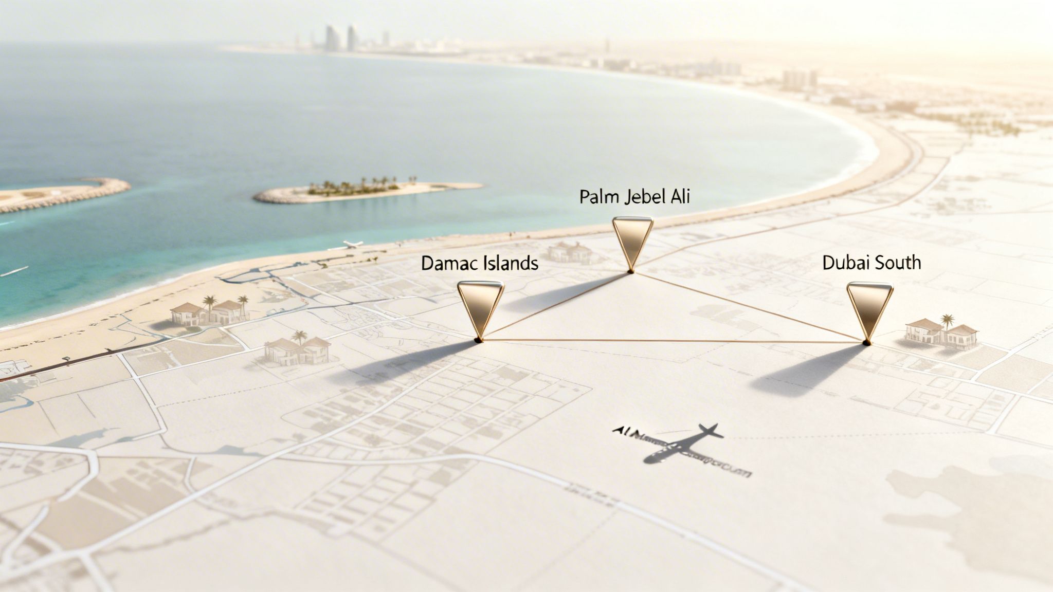 A detailed map of Dubai highlights Damac Islands, Palm Jebel Ali, and Dubai South with interconnected pins.