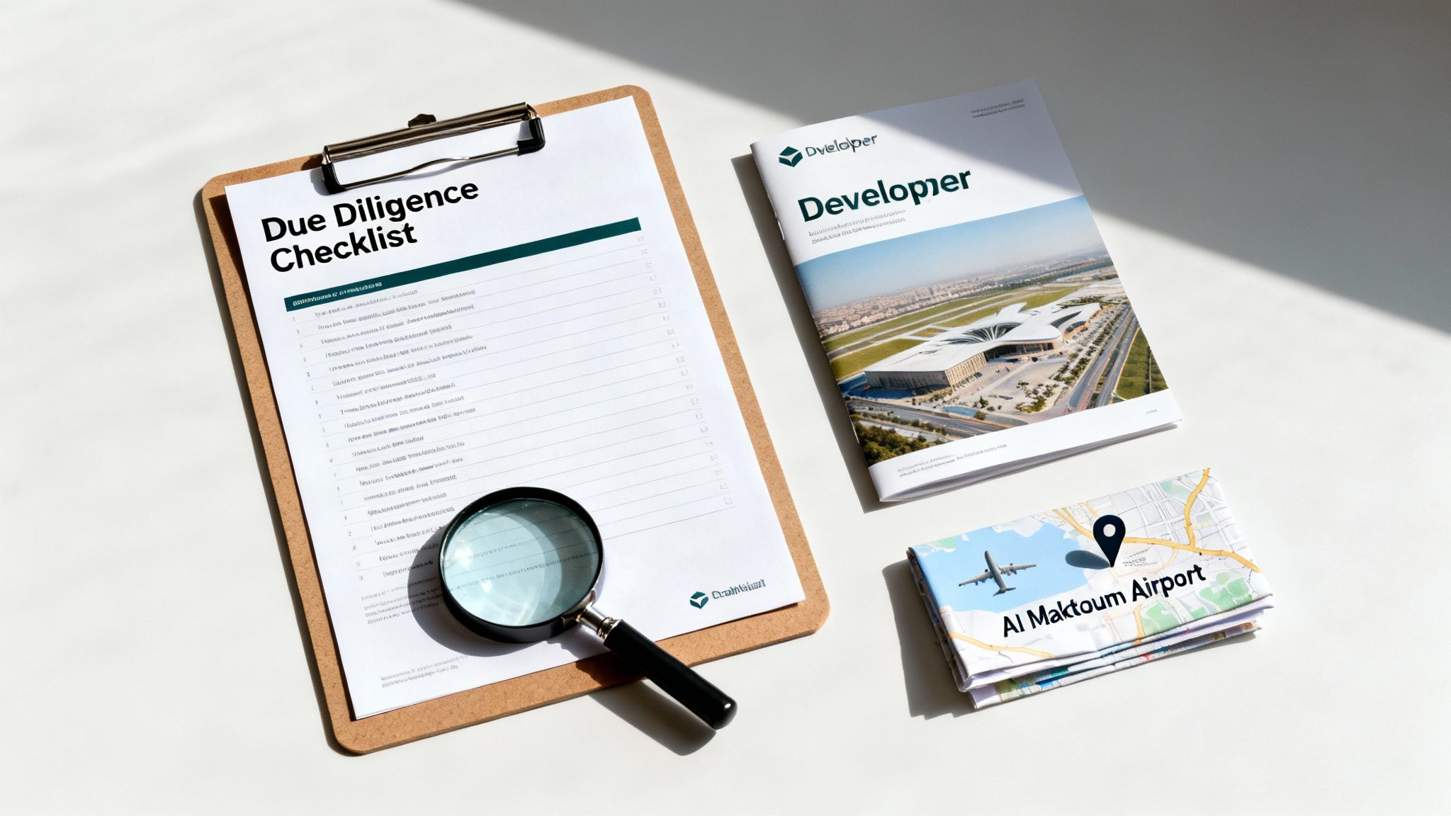 Due diligence checklist, developer magazine with a large building, magnifying glass, and Al Maktoum Airport map on a white table.