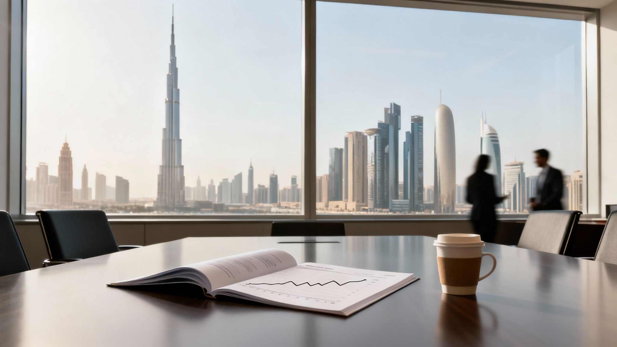 Modern conference room with city skyline view of Dubai, featuring business people, an open book, and coffee.