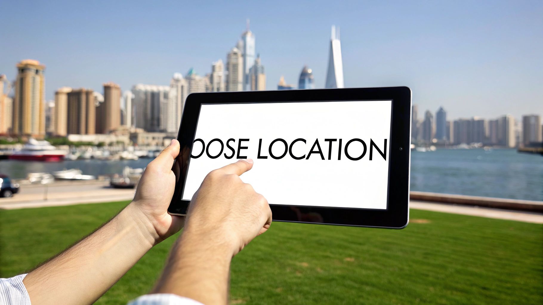 Hands holding a tablet with 'CHOOSE LOCATION' text, against a sunny Dubai cityscape with water.