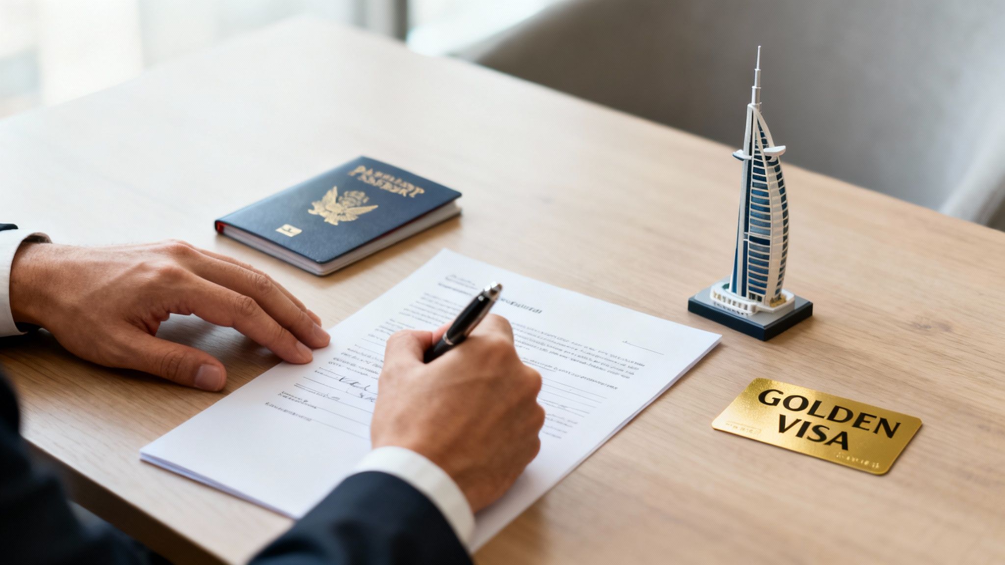 Person signing documents for a golden visa, with a passport and Burj Al Arab model on the desk.