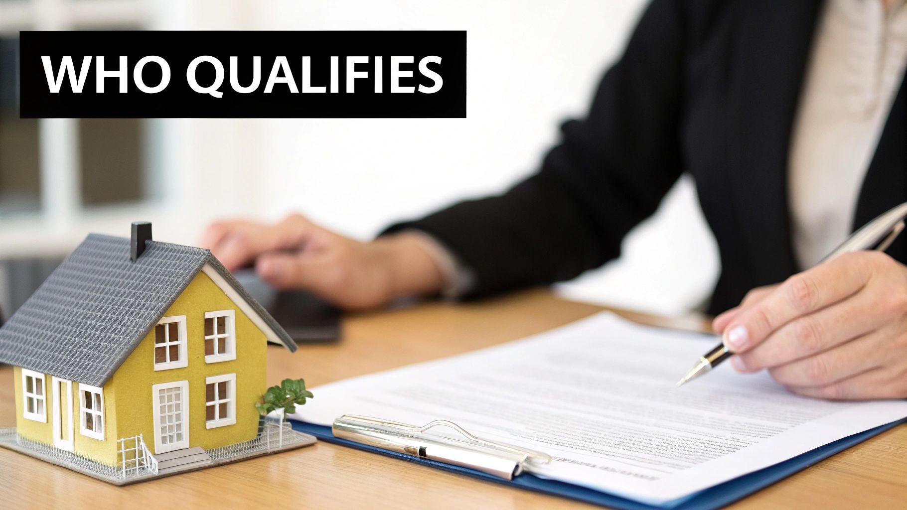 Person in a suit signing a document next to a miniature house with 'WHO QUALIFIES' text.