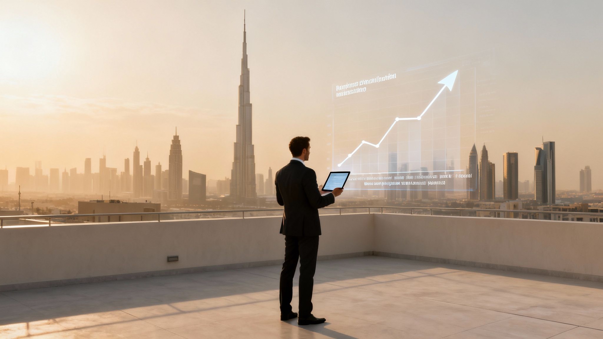 Businessman views holographic growth chart over Dubai cityscape at sunset, symbolizing financial success.