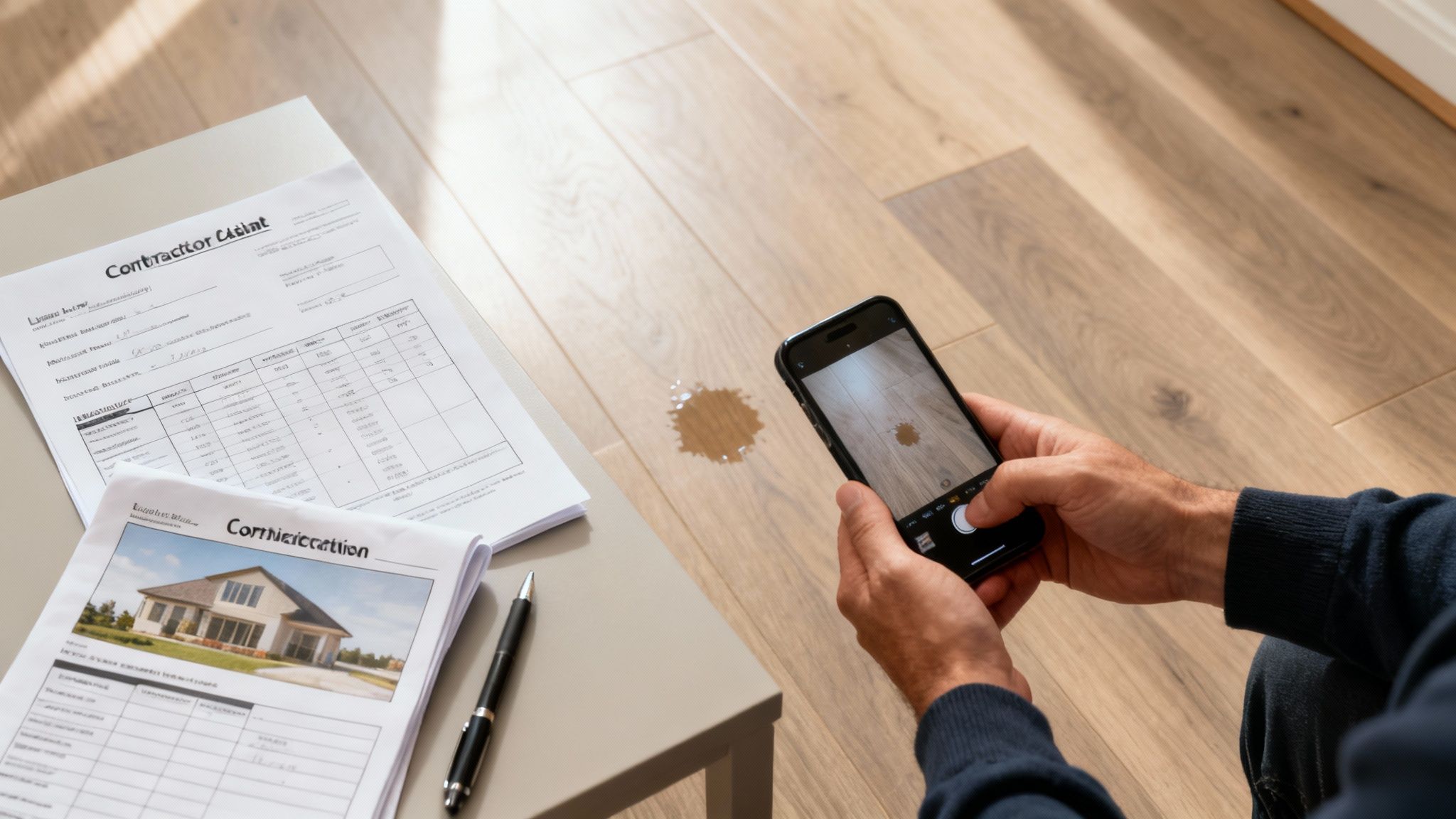 A person photographs a liquid spill on a wooden floor with a smartphone, with contractor papers nearby.
