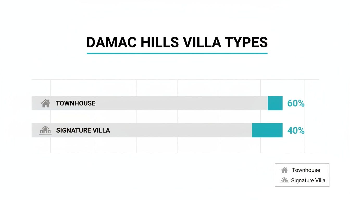 Bar chart displaying Damac Hills villa types: Townhouse (60%) and Signature Villa (40%).