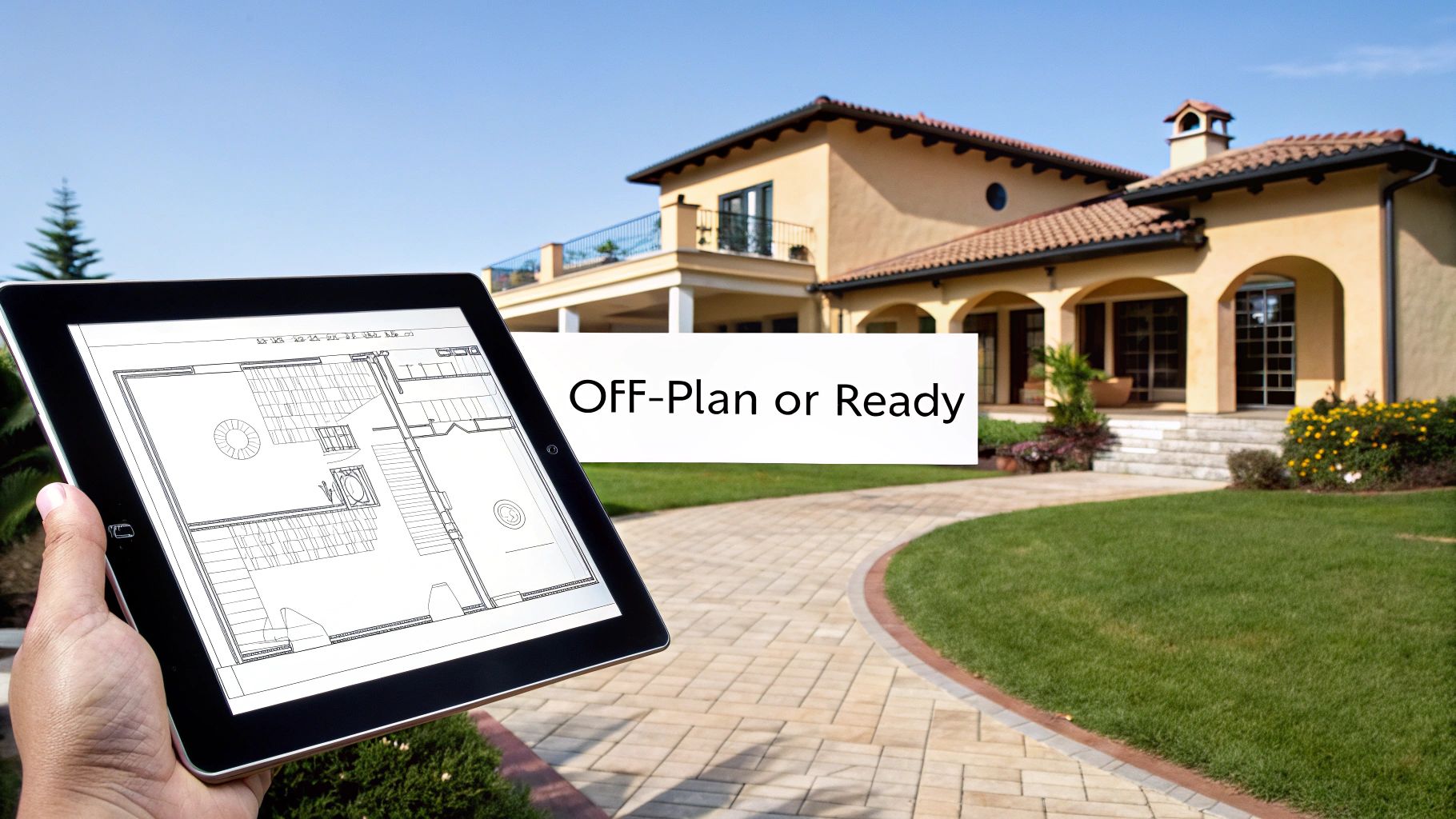 A hand holds a tablet displaying a house floor plan in front of a luxurious villa, with text 'OFF-Plan or Ready'.