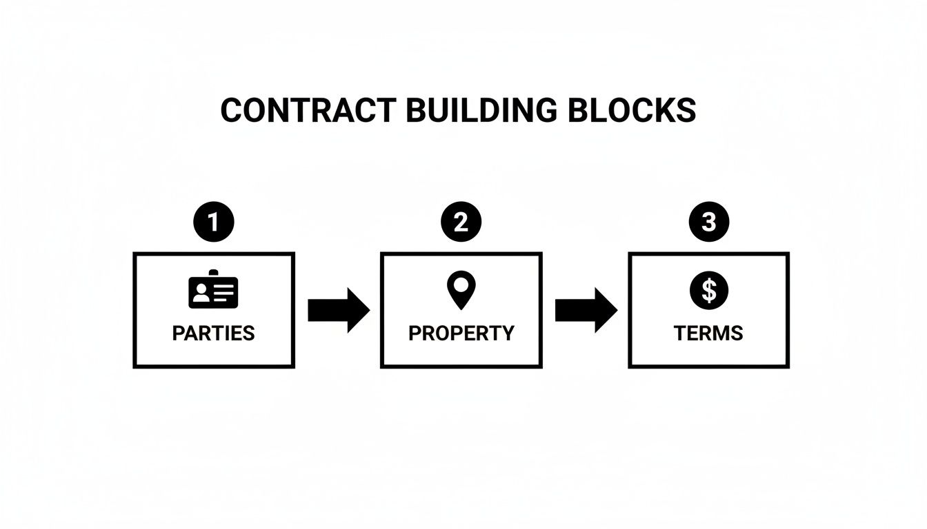 Flow diagram illustrates the essential contract building blocks: parties, property, and terms.