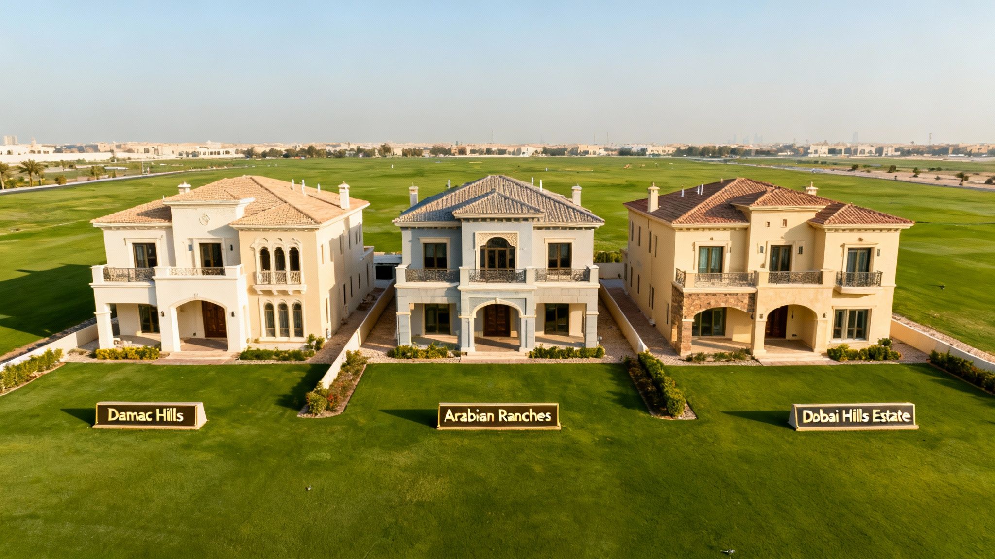 Three luxurious villas representing Damac Hills, Arabian Ranches, and Dubai Hills Estate, set on a green golf course.