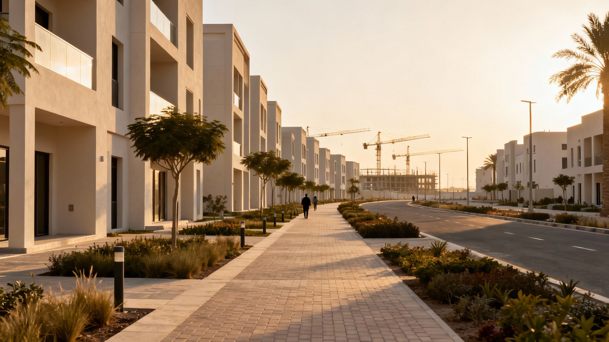 Sunset illuminates a modern street with white buildings, lush landscaping, and distant construction cranes.