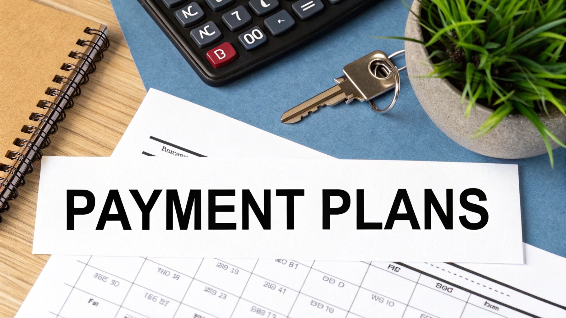 A white card displaying 'PAYMENT PLANS' on a blue desk with a calculator, key, and financial documents.