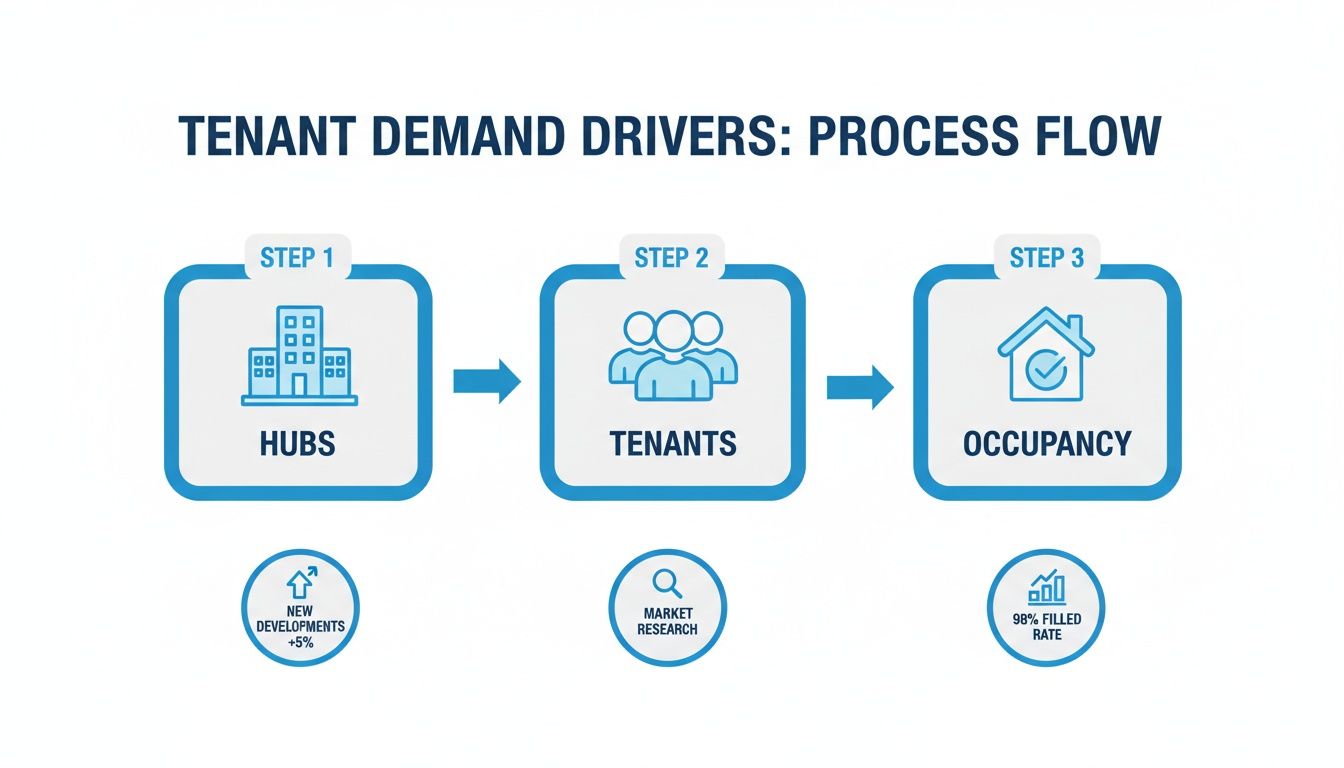 A process flow diagram illustrating tenant demand drivers from hubs to tenants and occupancy.