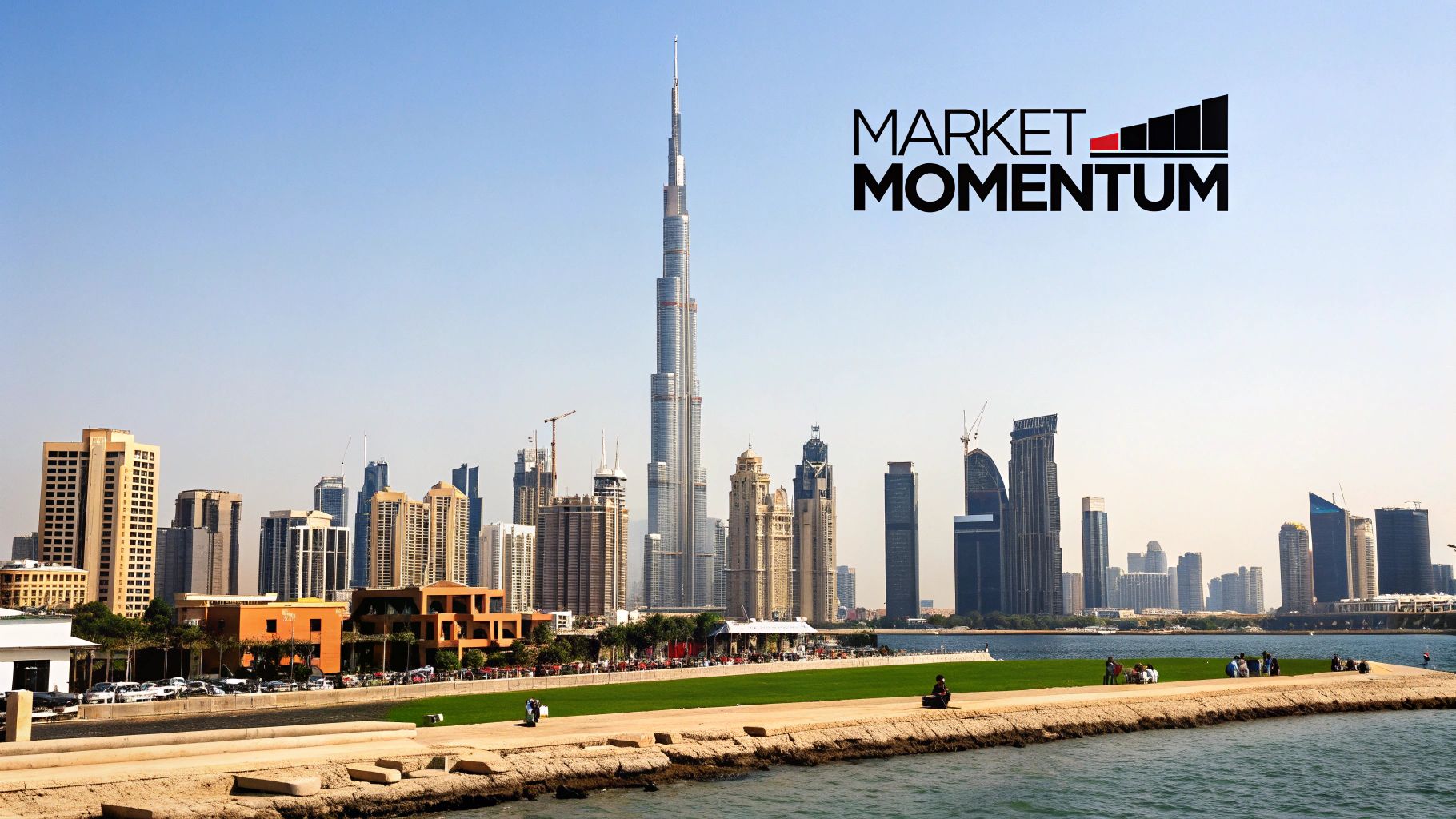 Panoramic view of Dubai skyline, featuring the iconic Burj Khalifa, a waterfront, and the Market Momentum logo.