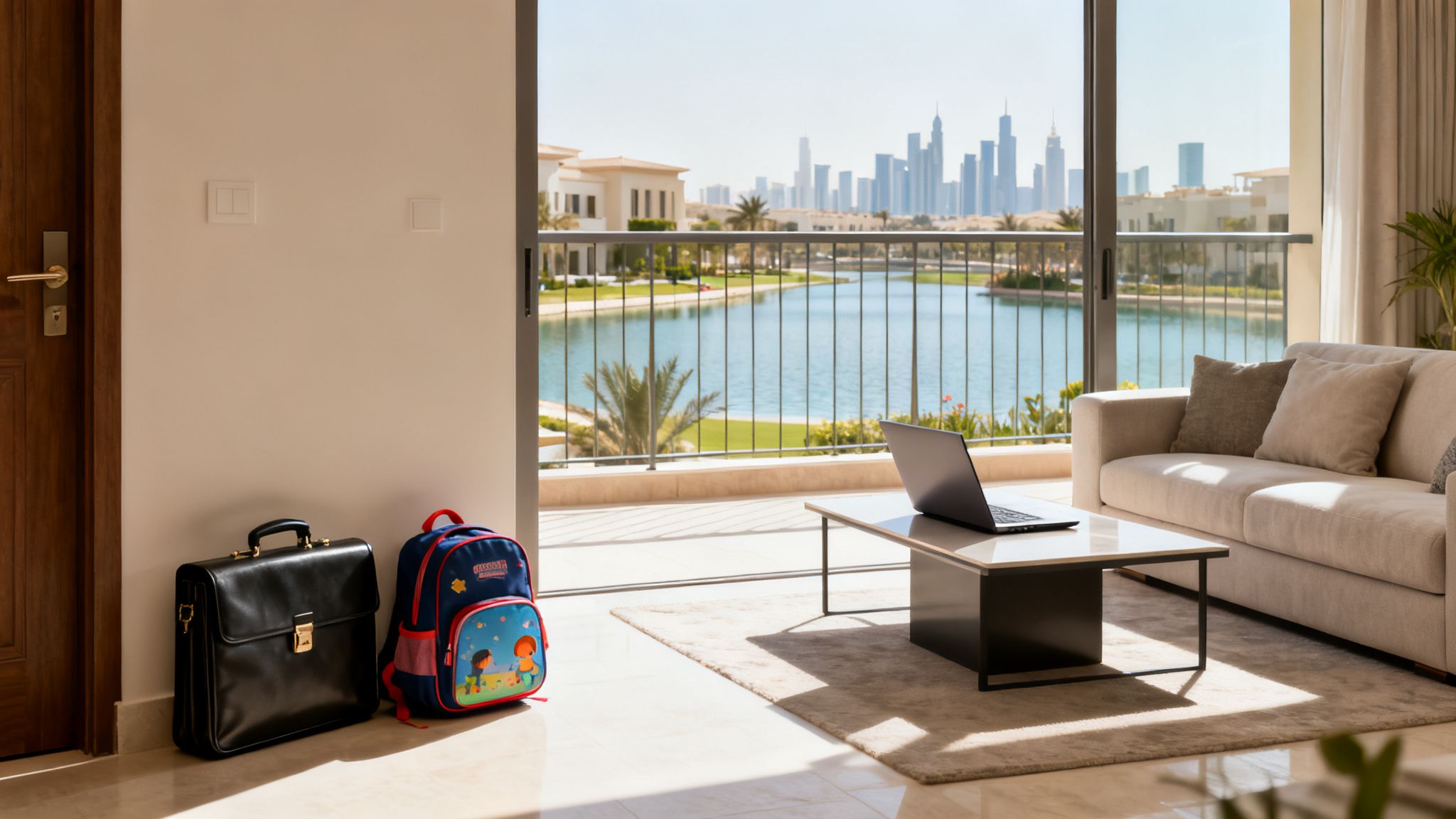 A modern living room with a sofa, laptop, city view, a briefcase, and a child's backpack.