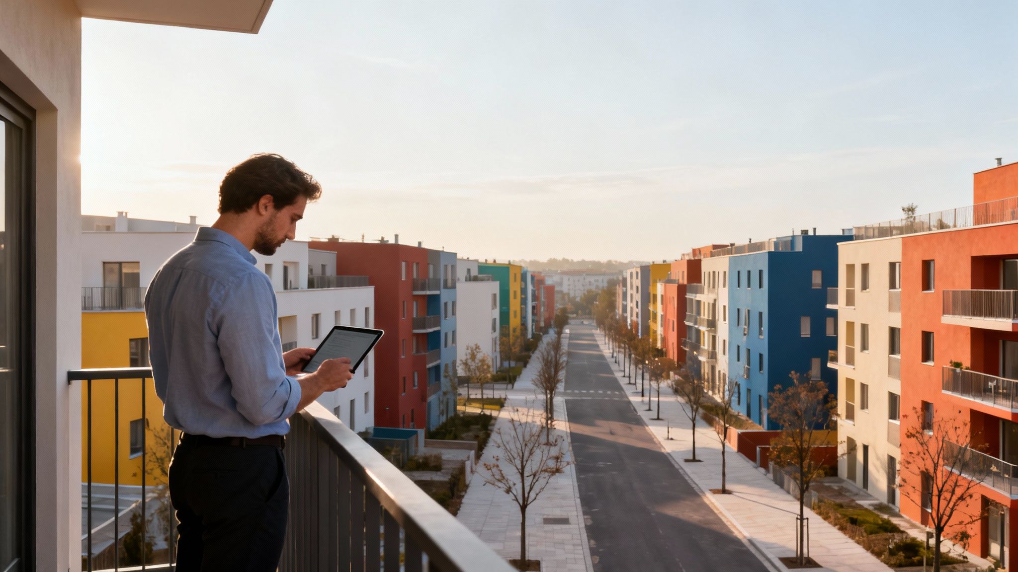 Man on balcony uses tablet, overlooking a street with colorful modern apartment buildings.