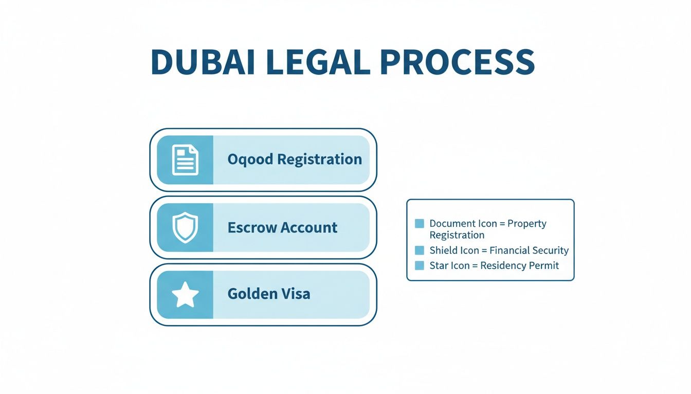 Flowchart illustrating the Dubai legal process, including Oqood Registration, Escrow Account, and Golden Visa, with icon explanations.