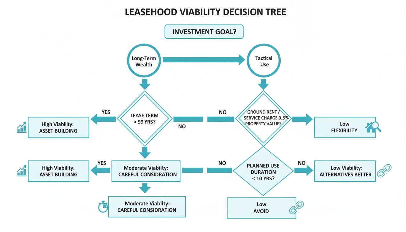 A decision tree illustrating leasehold viability based on investment goals and lease terms.
