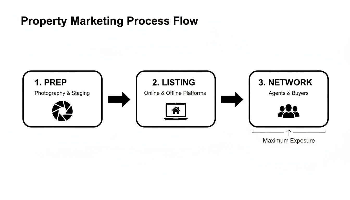 A three-step property marketing process flow chart showing preparation, listing, and networking.