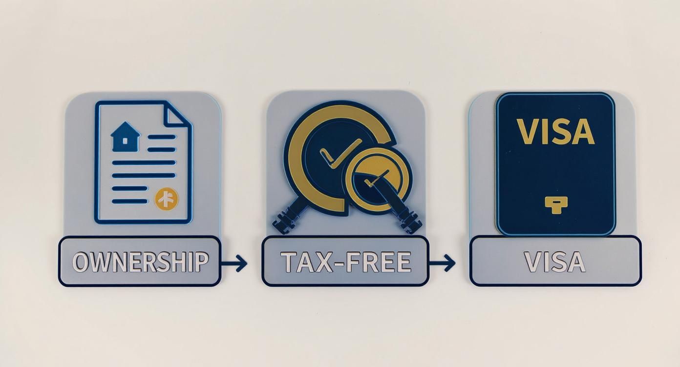 An infographic illustrating property ownership leading to tax-free benefits and a visa.