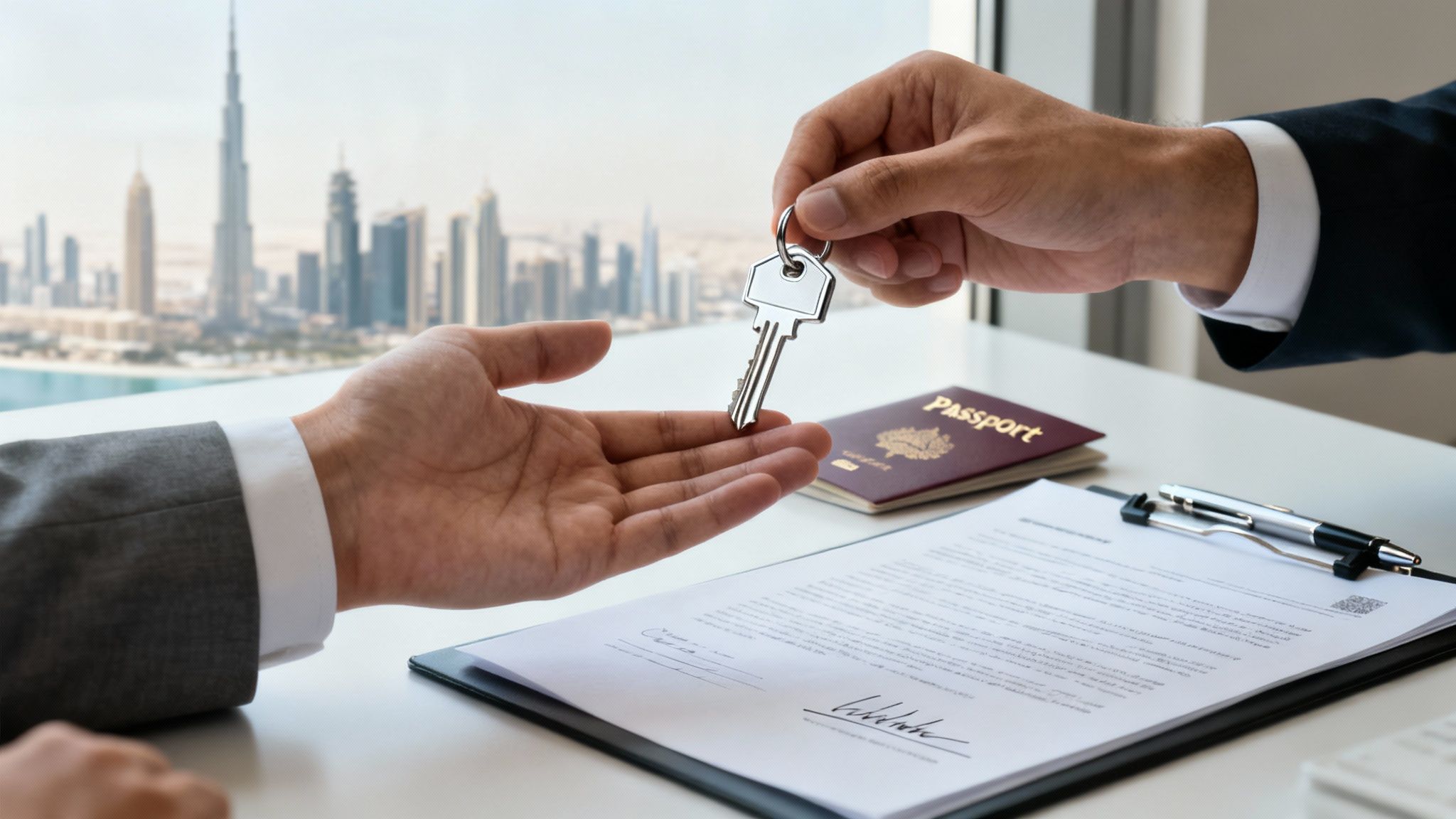 Hands exchanging a house key over a signed contract and passport, with a city skyline in the background.