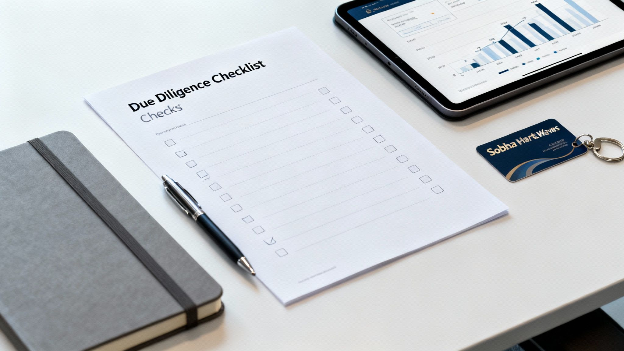 Overhead view of a business desk with a due diligence checklist, tablet, notebook, and a Sobha Hart&Waves keychain.