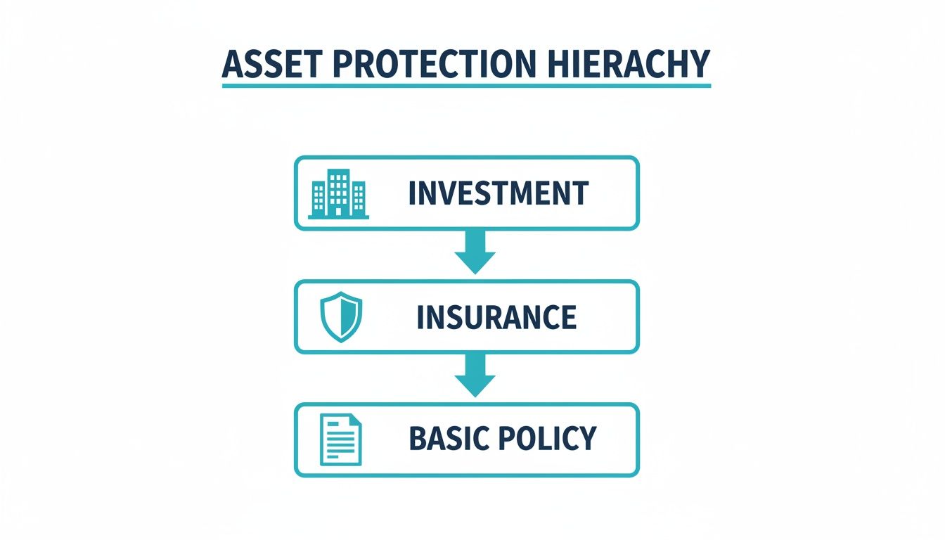 Diagram showing the Asset Protection Hierarchy, with Investment, Insurance, and Basic Policy levels.