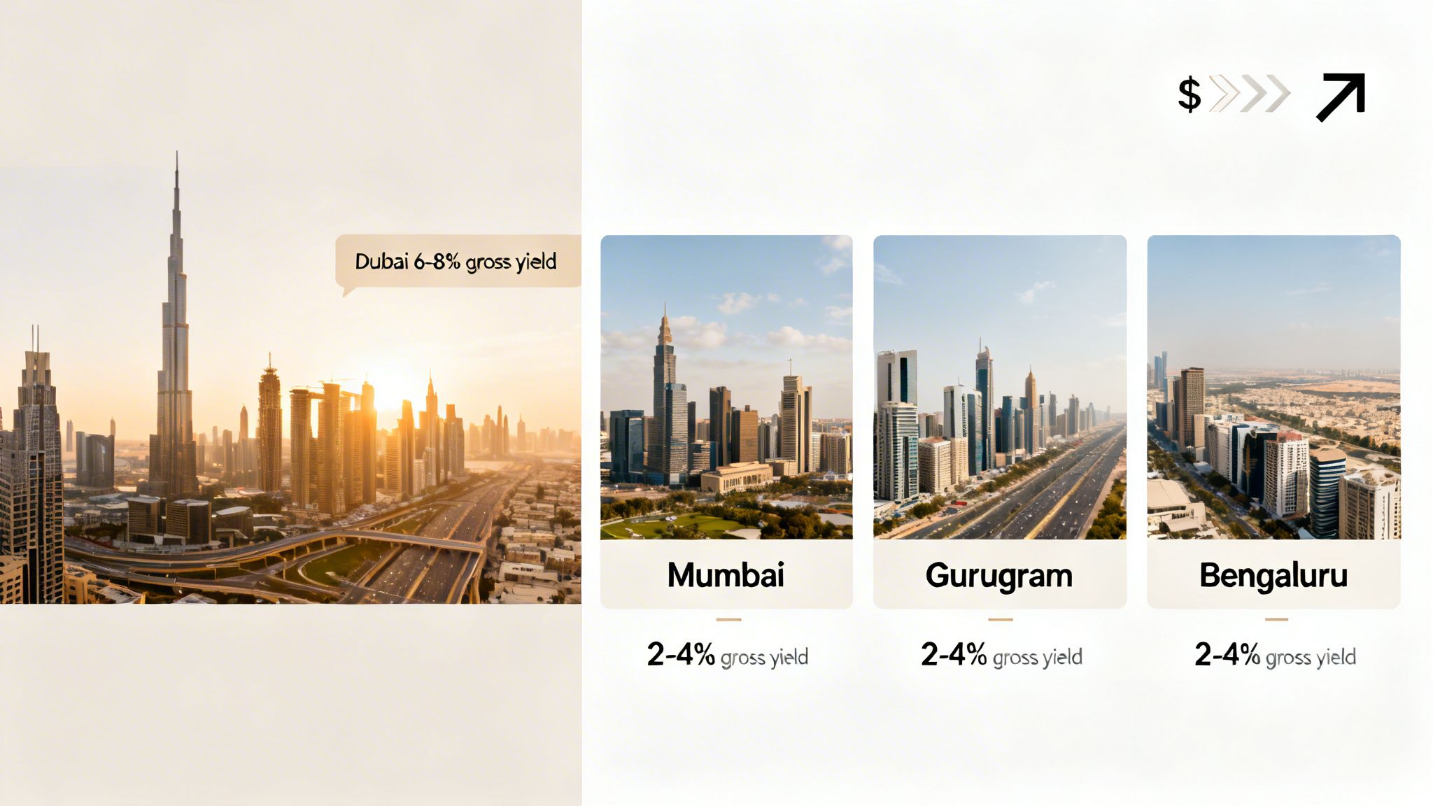 Comparison of real estate gross yields in Dubai (6-8%) versus Mumbai, Gurugram, and Bengaluru (2-4%) city skylines.