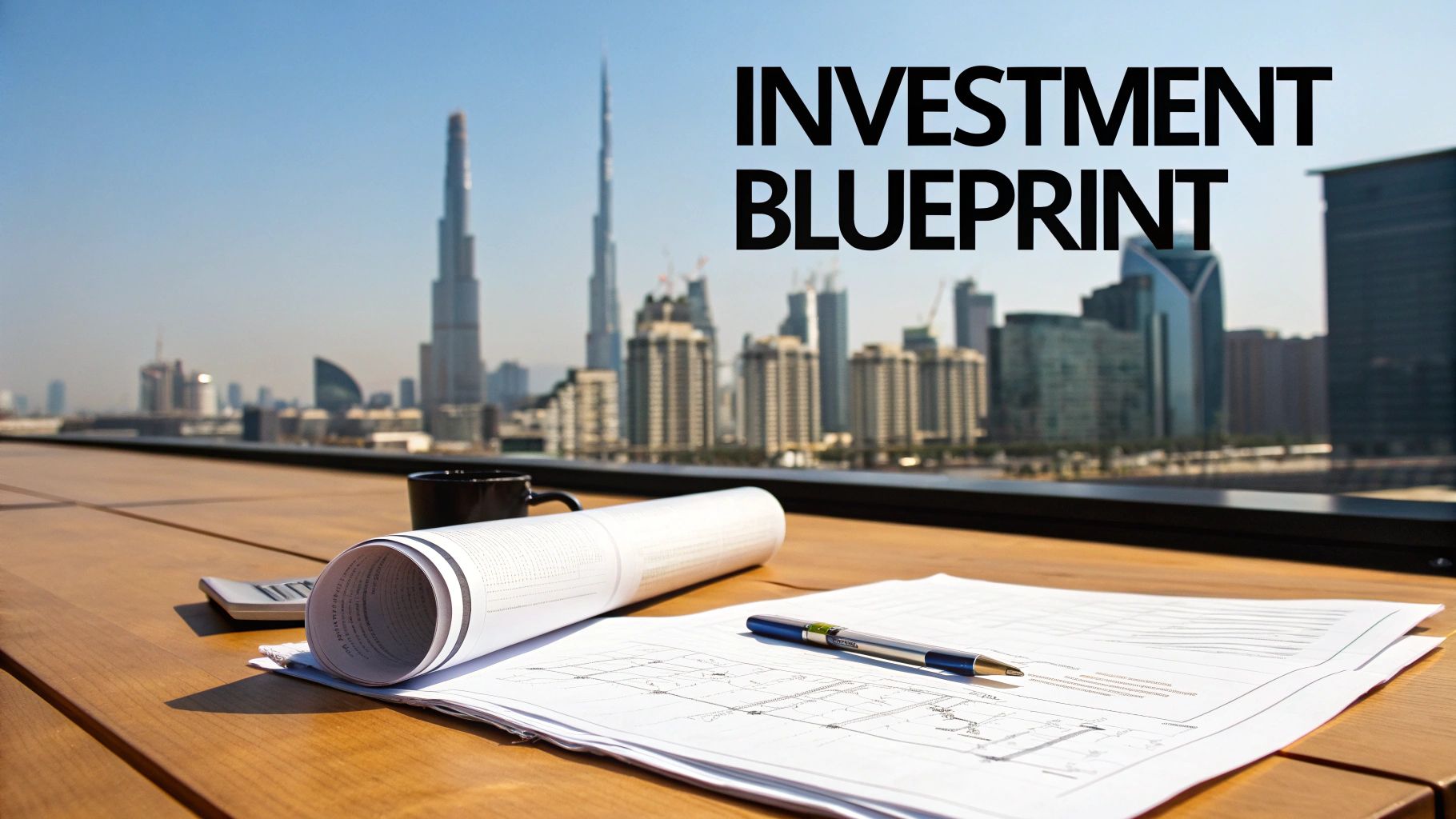 A table with investment blueprints, documents, a pen, and a coffee mug overlooking the Dubai city skyline.