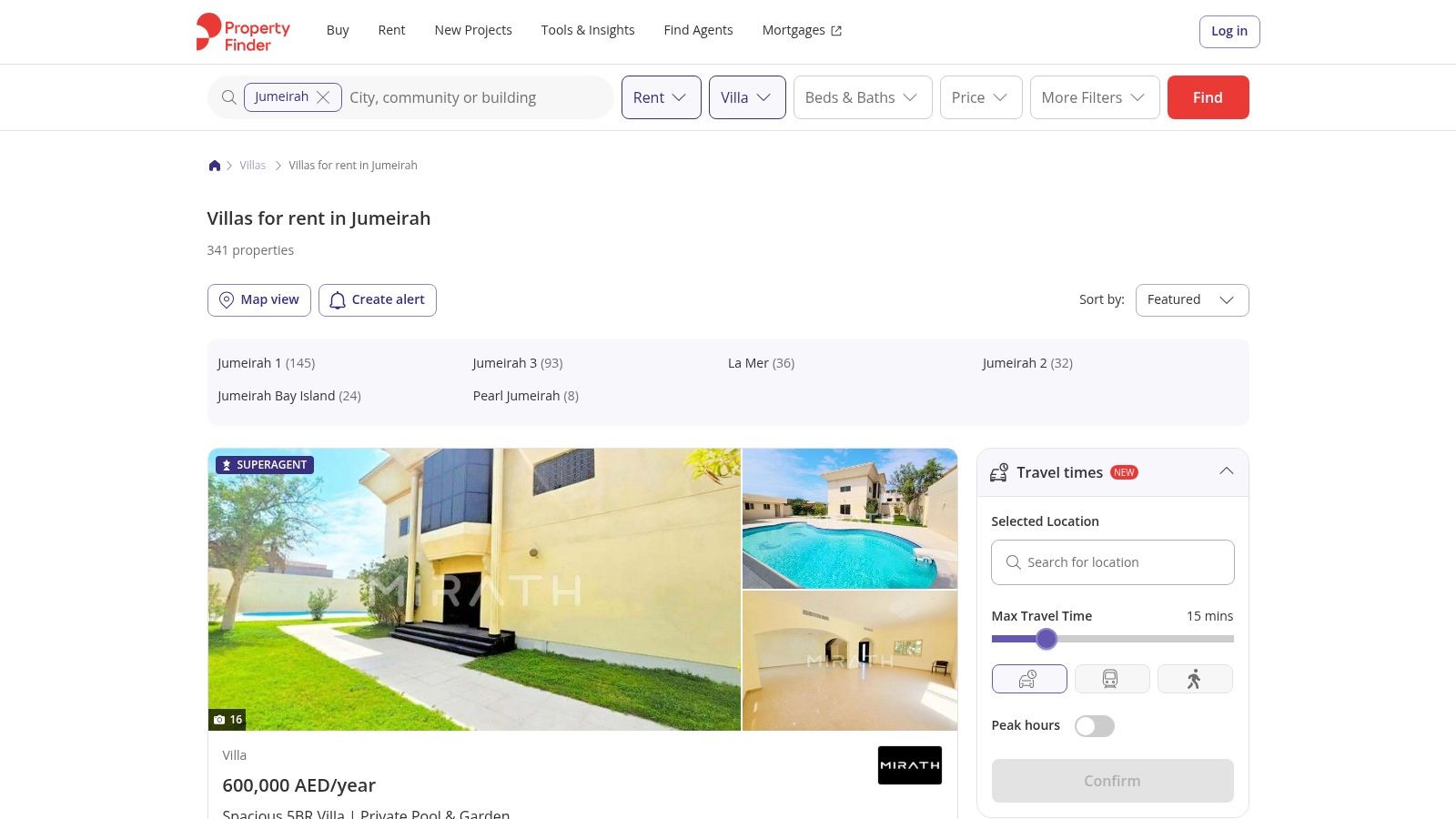 A user searching for villas for rent in Jumeirah on the Property Finder UAE website
