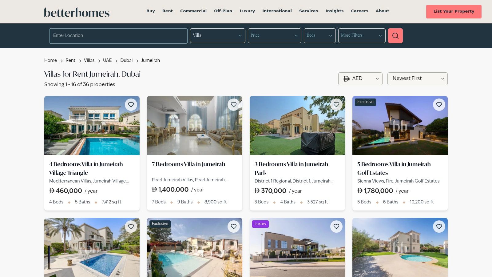 Betterhomes website showcasing a villa listing in Jumeirah