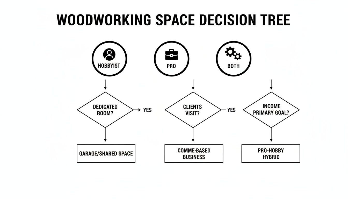 A woodworking space decision tree flowchart guiding users to their ideal workshop setup based on their needs.