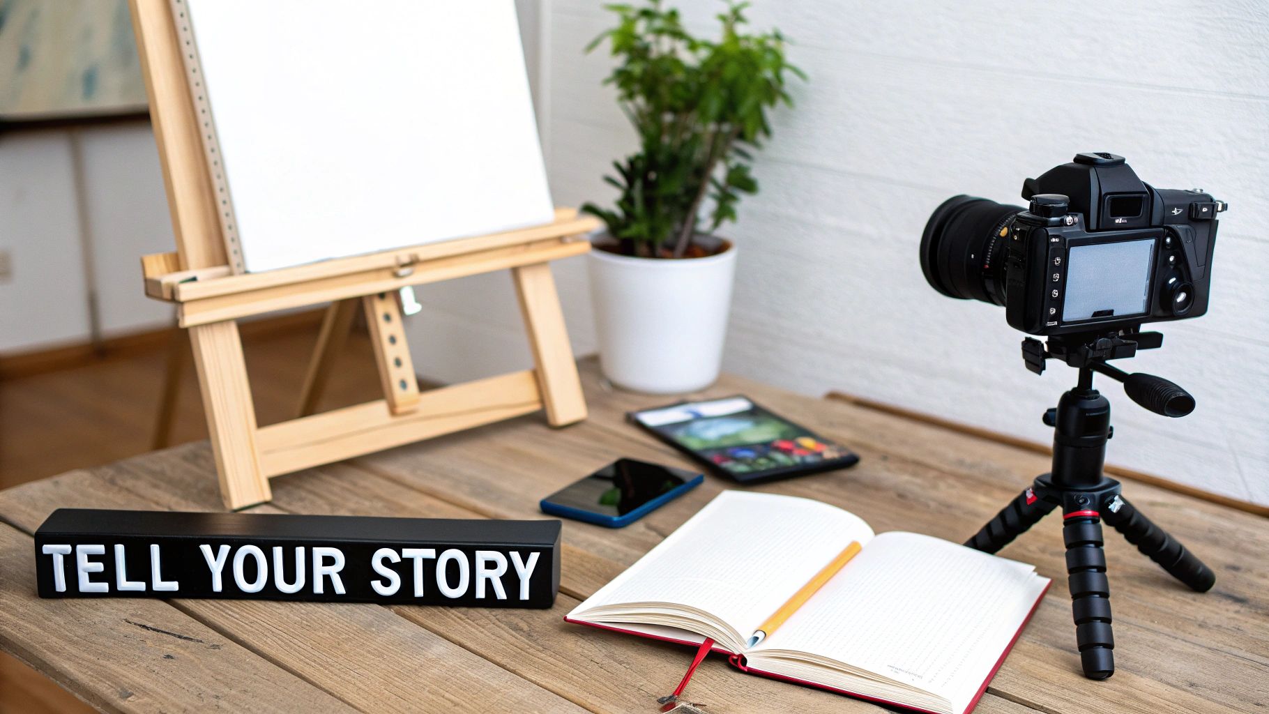 A creative workspace featuring a camera on a tripod, an easel, a notebook, and a 'Tell Your Story' sign.