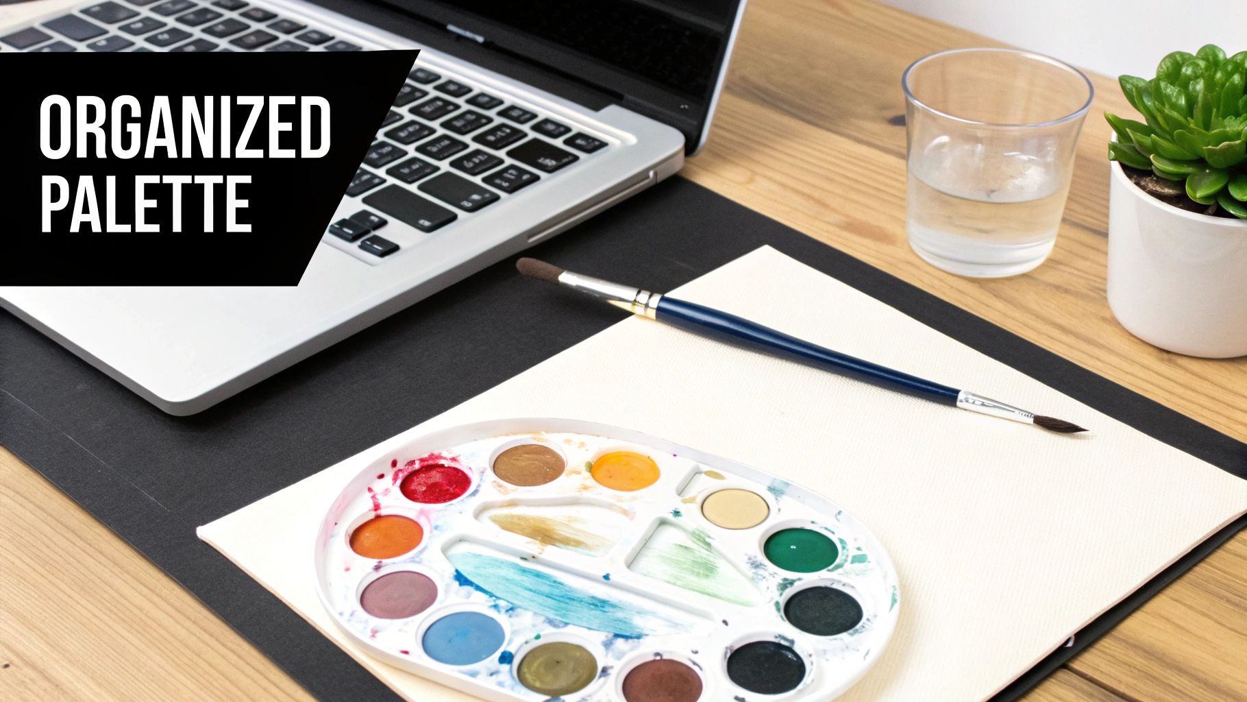 An organized artist's desk with a watercolor palette, paintbrush, paper, laptop, water, and plant.