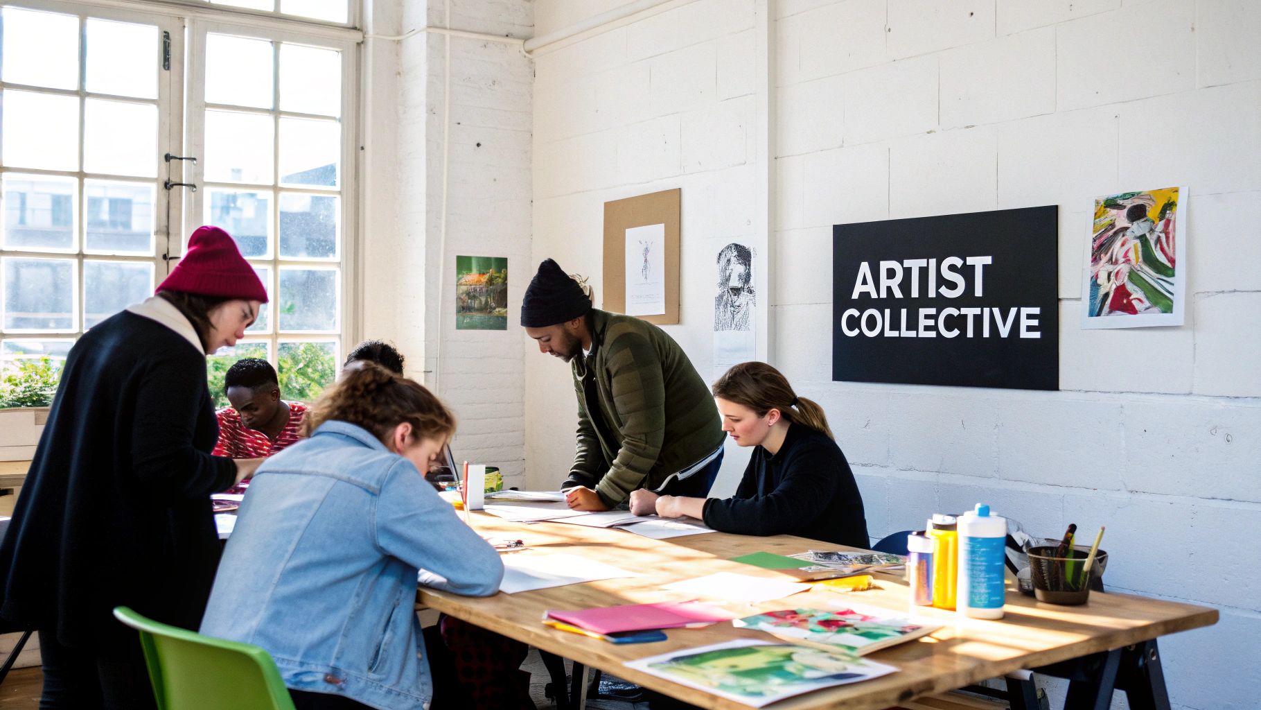 A diverse group of artists collaborating and working on art projects at a long wooden table in a brightly lit studio.