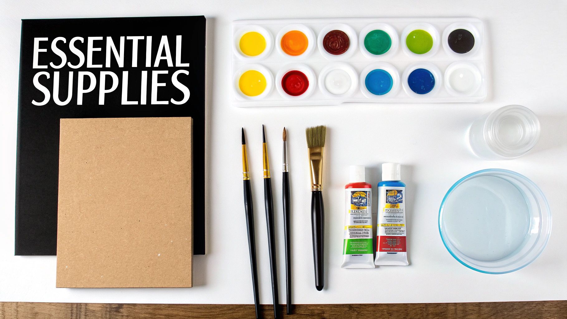A flat lay of essential art supplies for painting, featuring watercolors, brushes, acrylics, water, and canvases.