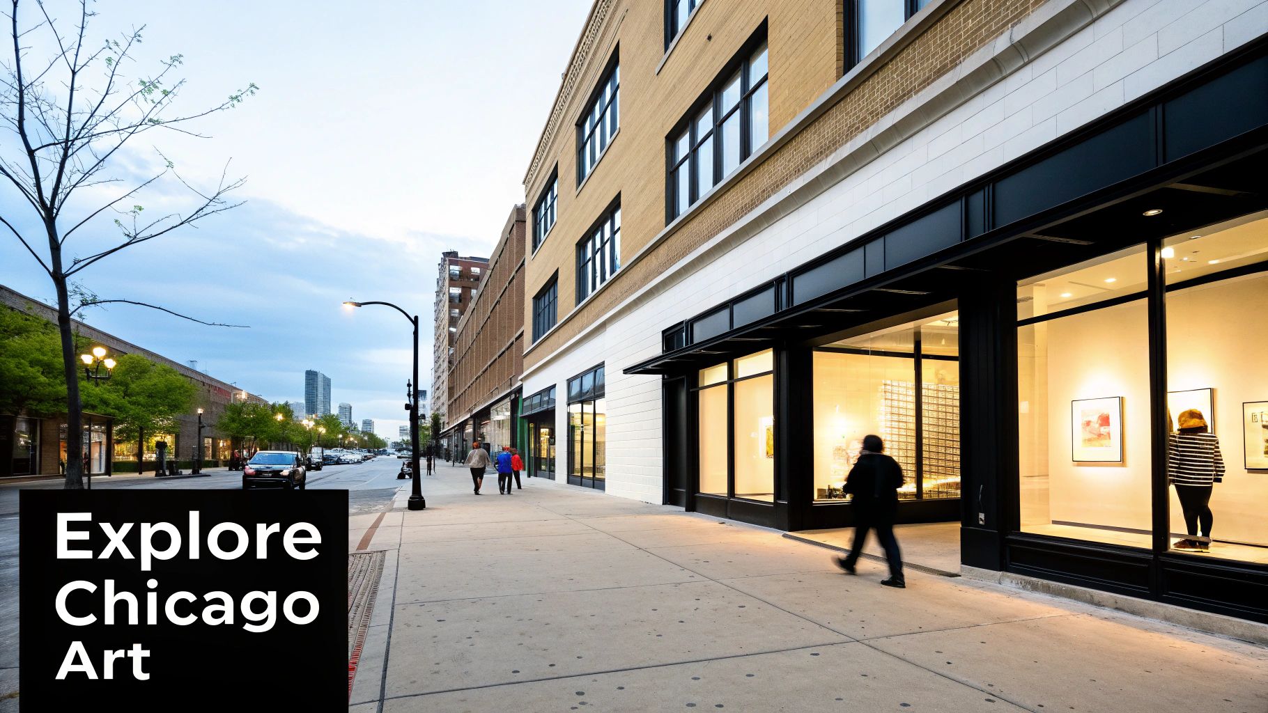 An evening street scene in Chicago featuring a modern art gallery and pedestrians.