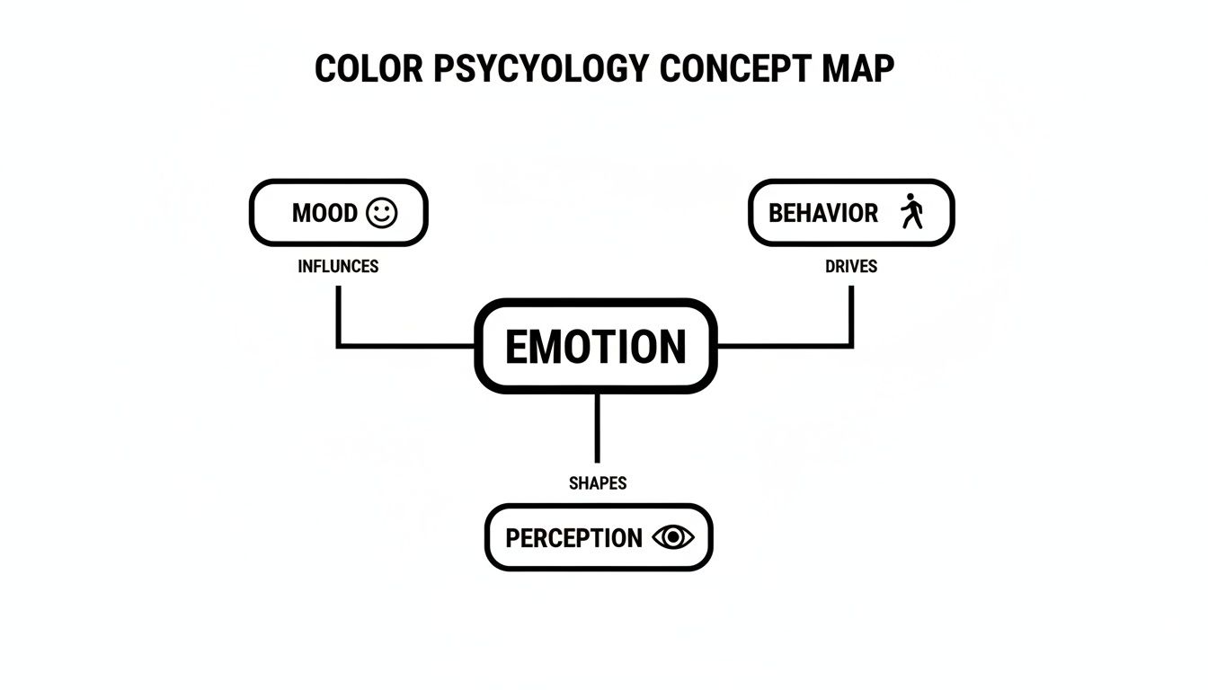 A black and white concept map illustrating color psychology, showing how emotion influences mood, drives behavior, and shapes perception.