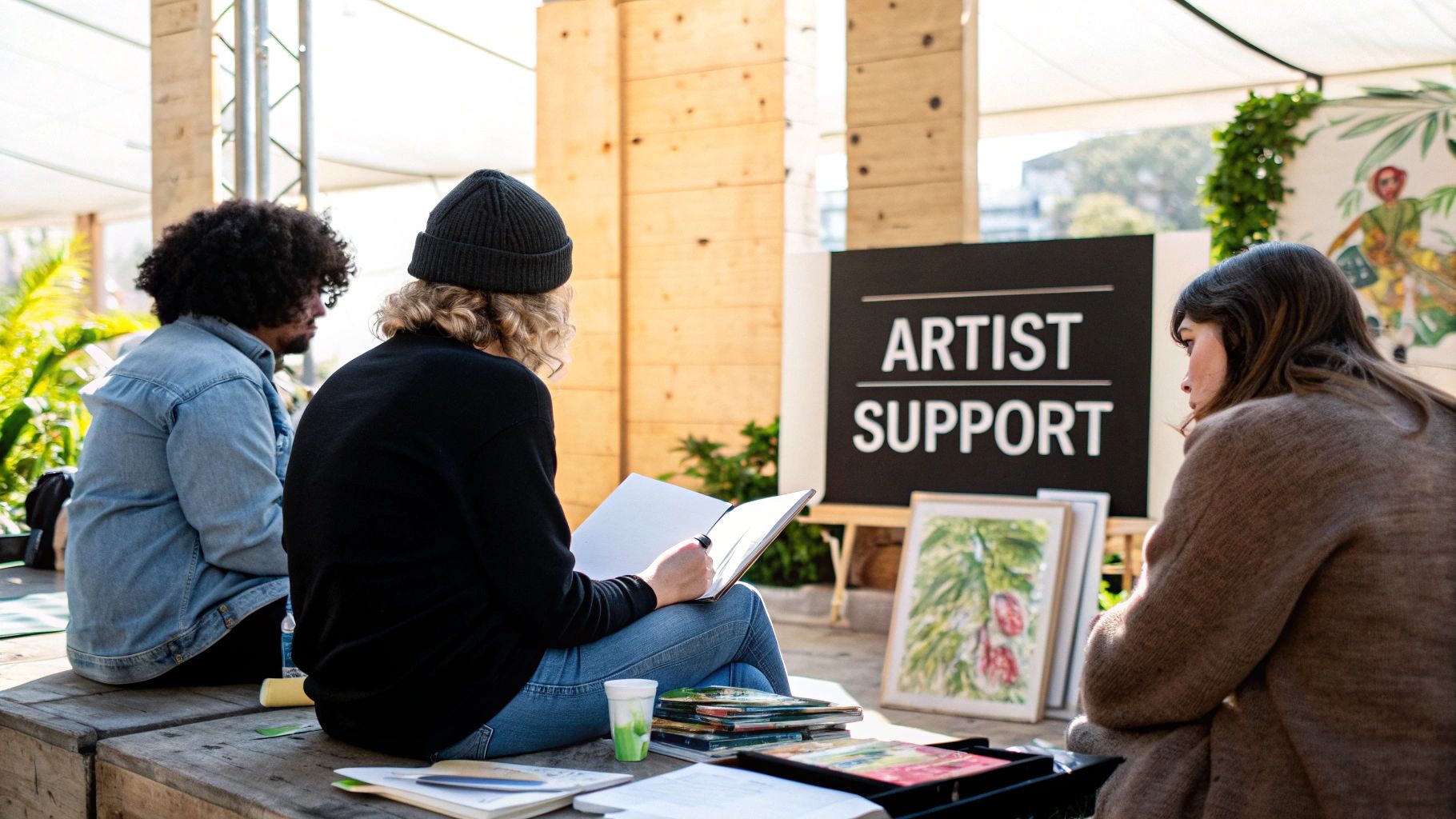 Three people, including one sketching, sit outdoors with an "ARTIST SUPPORT" sign nearby.