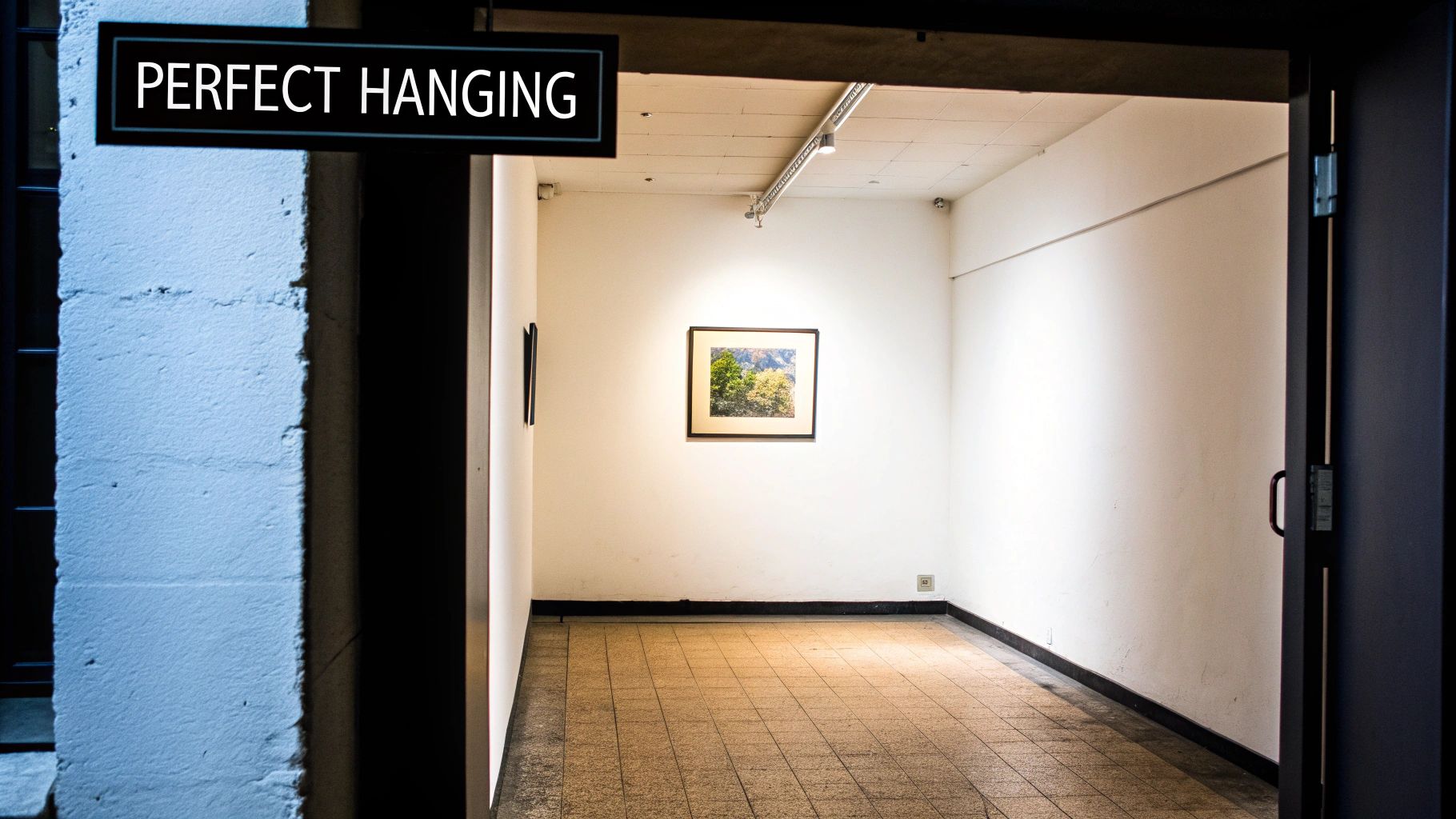 A view into an art gallery with a framed landscape painting on a white wall under a spotlight.