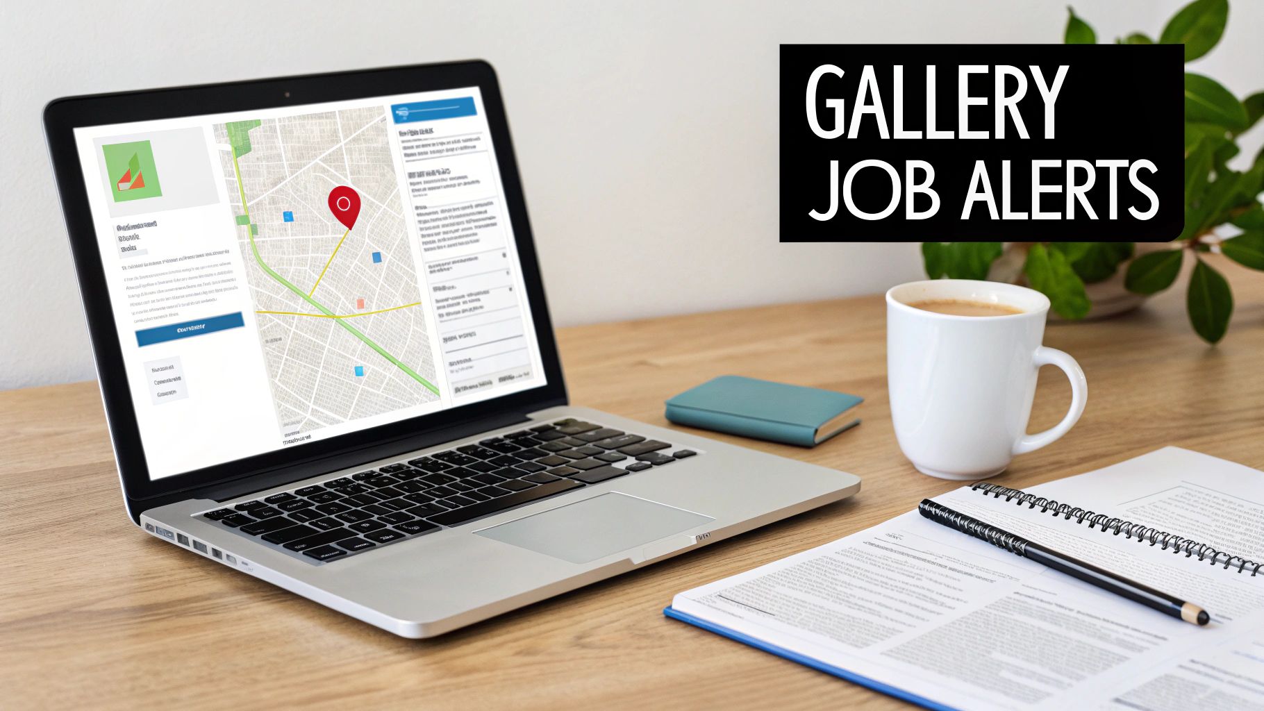A laptop displays job alerts with a map, next to coffee, notebook, and pen on a wooden desk.