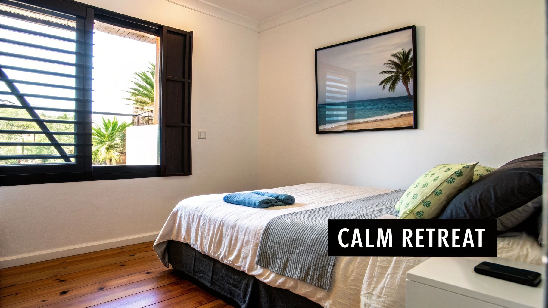 A serene bedroom featuring a bed, a large window with shutters, and a beach wall art.