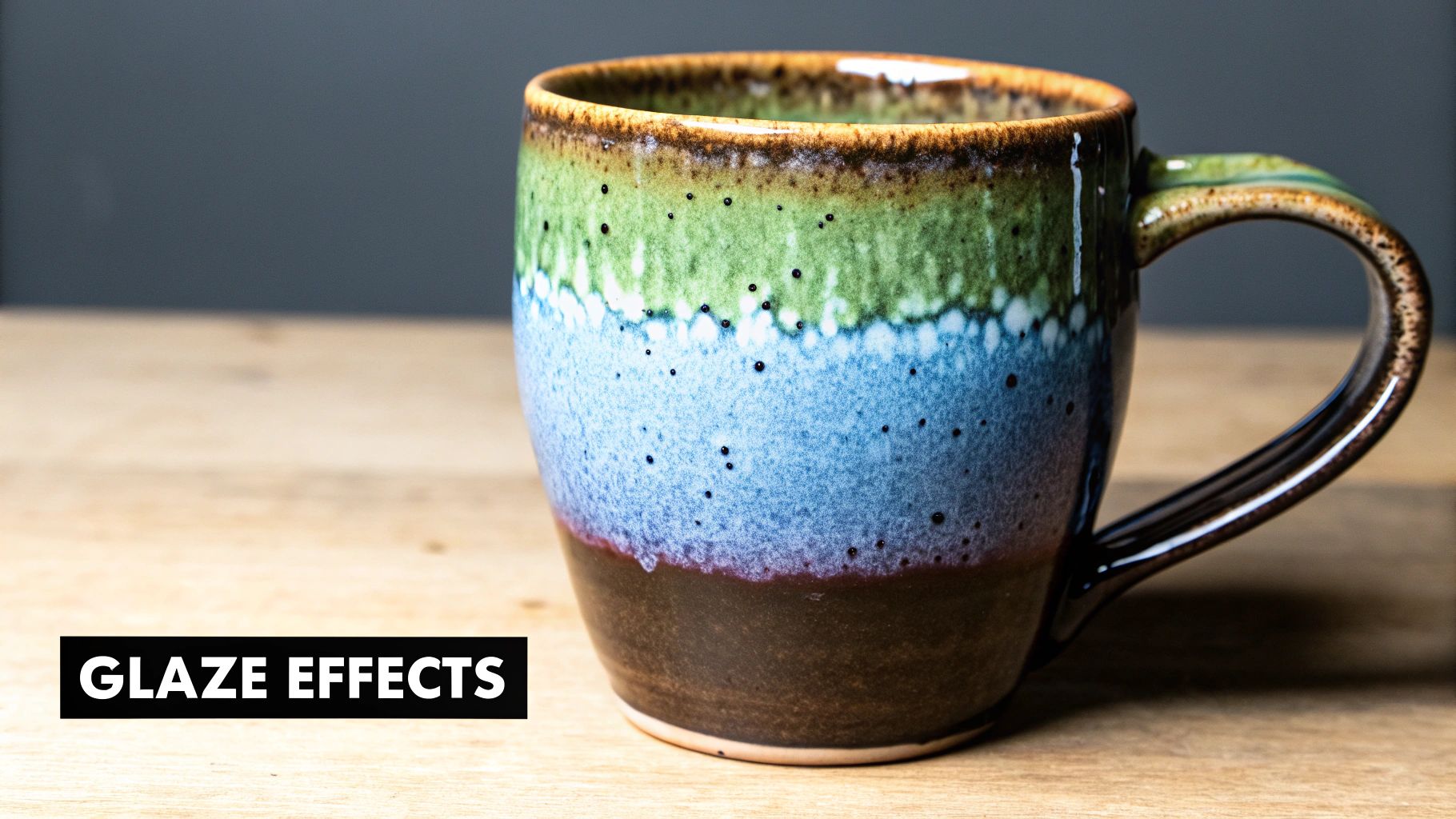 Close-up of a ceramic mug with a speckled green, blue, and brown glaze on wood.