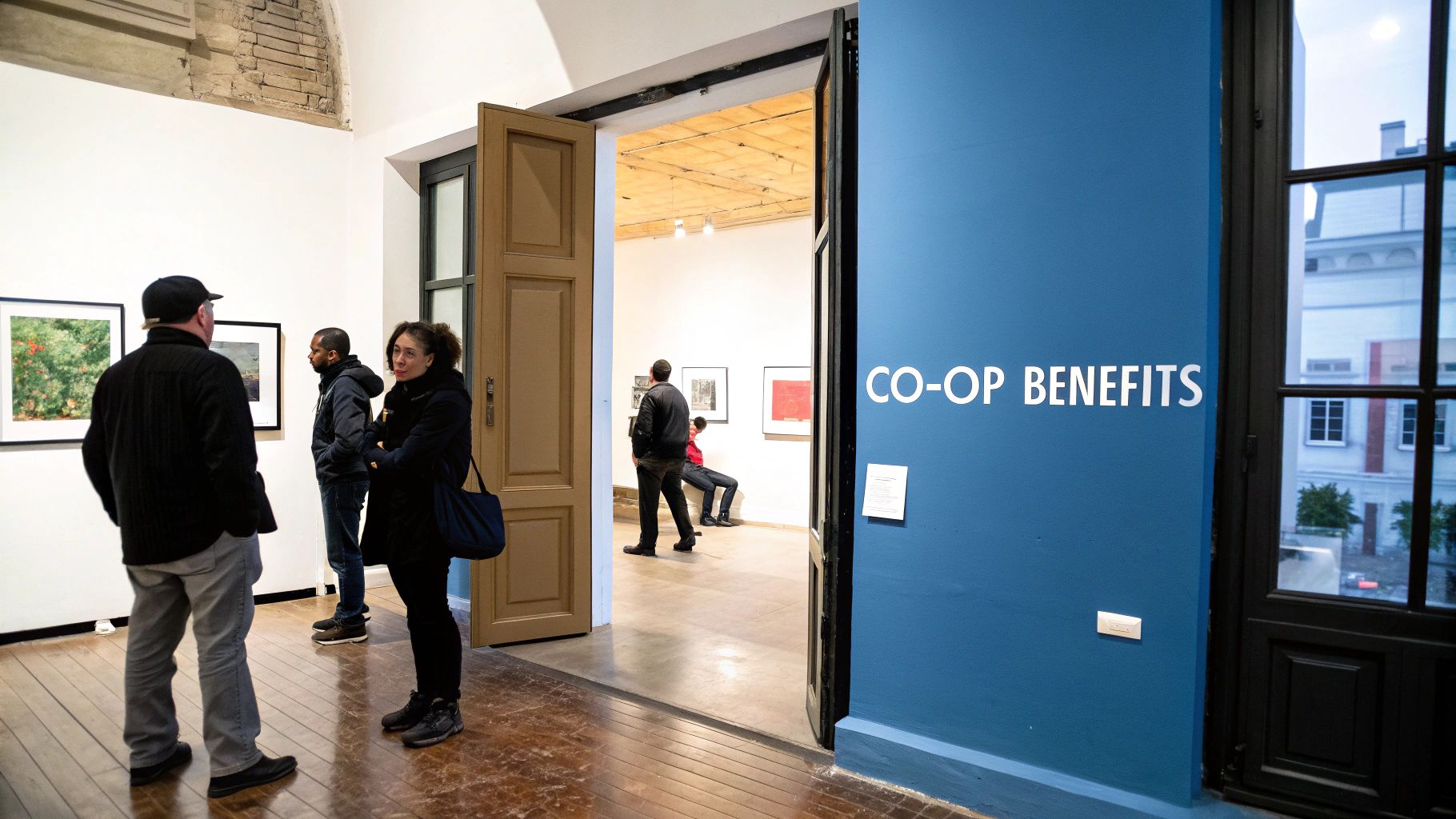 People viewing various artworks and paintings in a bright art gallery or exhibition space.