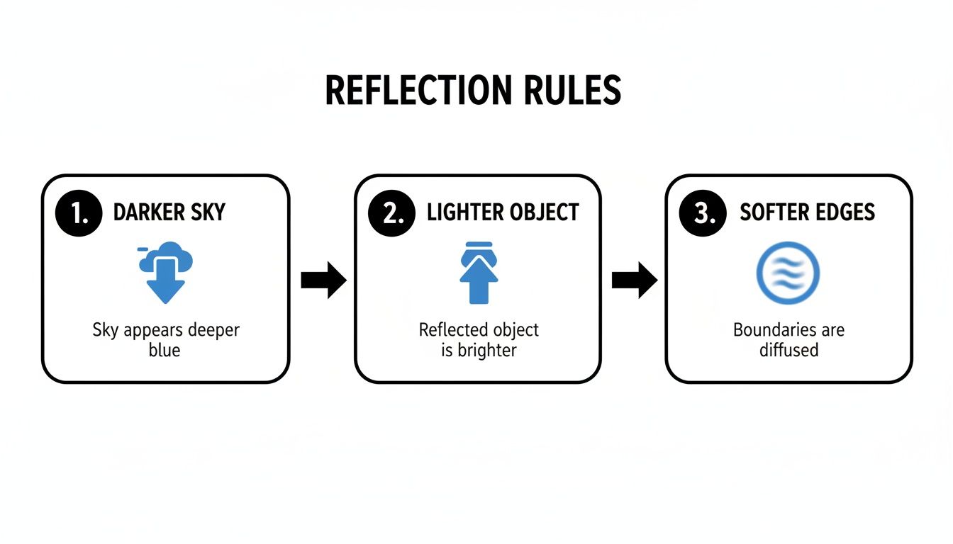 Infographic displaying three reflection rules: darker sky, lighter object, and softer edges with icons.