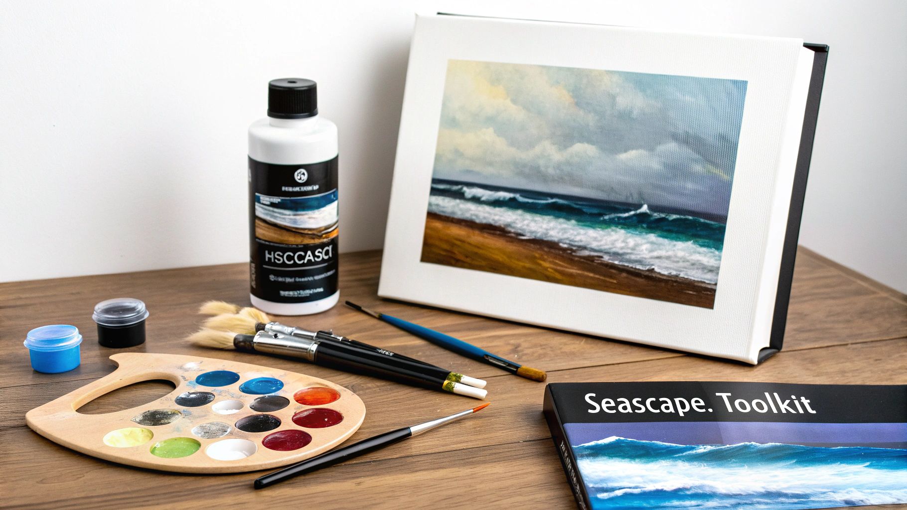 A flat lay of art supplies including a palette with paints, brushes, and a seascape painting on canvas.