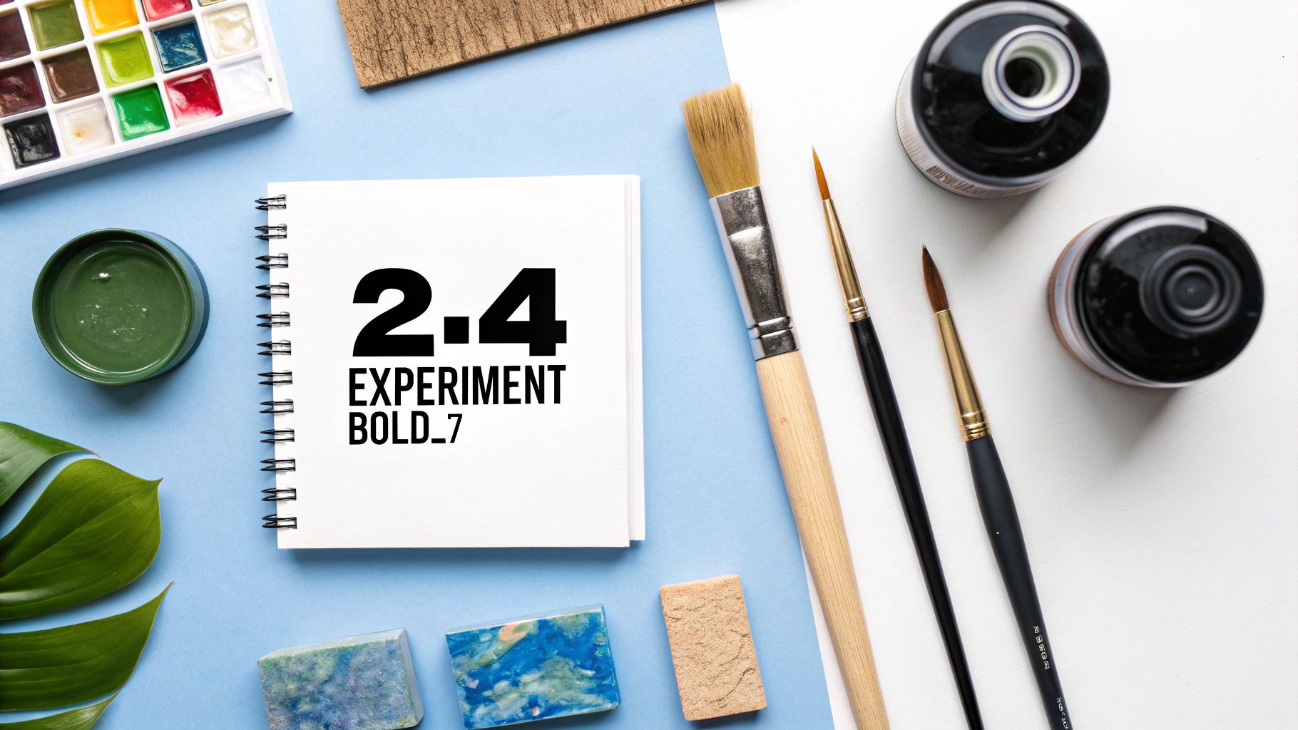 A flat lay of various art supplies including watercolors, brushes, inks, and a notebook on a blue and white surface.