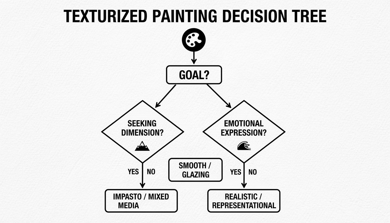 A decision tree flowchart for texturized painting techniques, guiding choices based on artistic goals.
