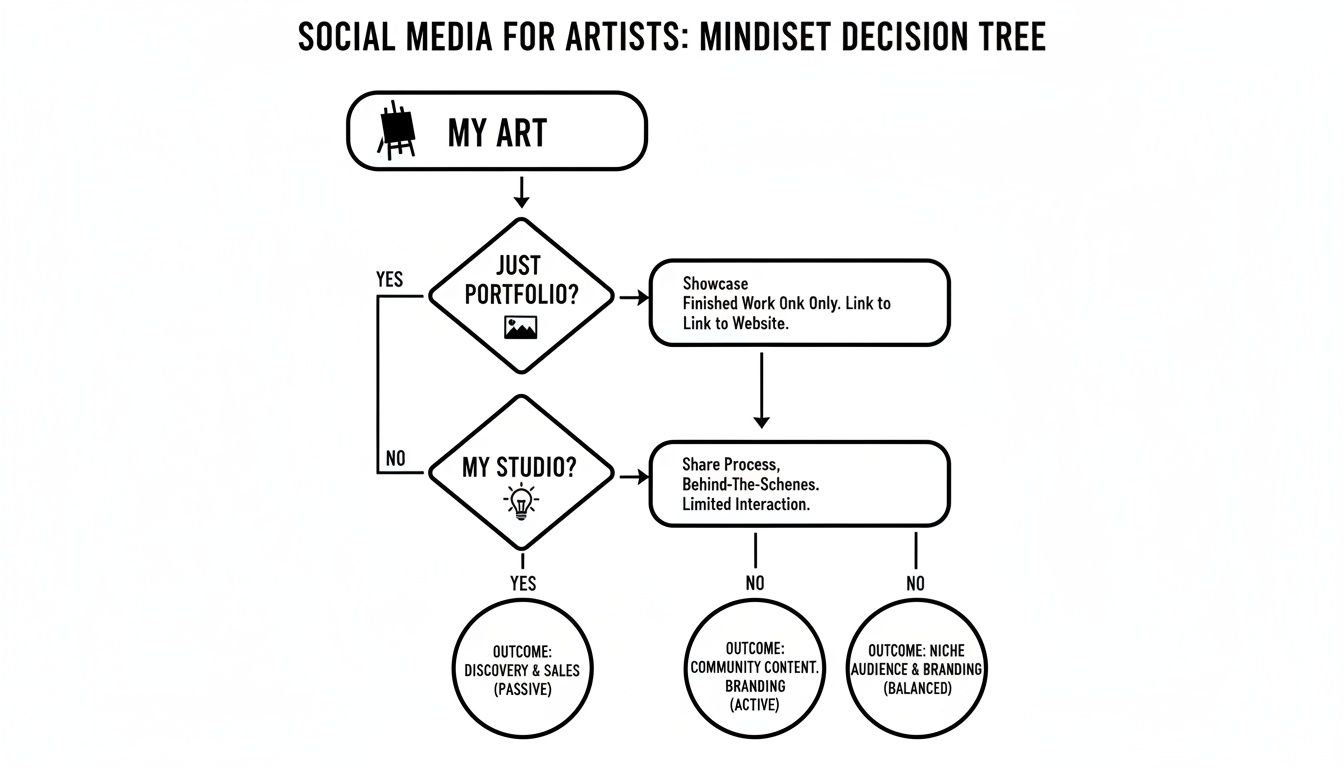 Decision tree flowchart for artists' social media strategy, outlining paths for portfolio, studio, and content outcomes.
