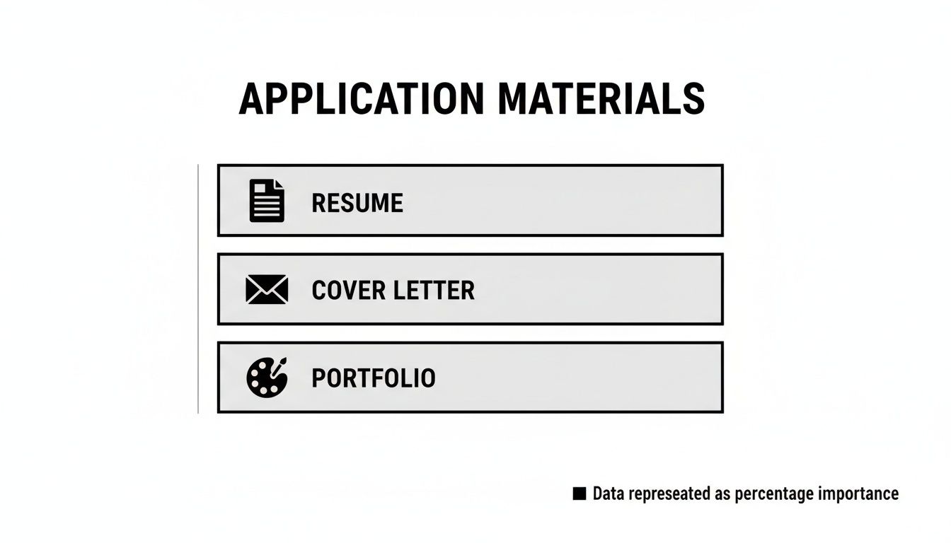 A clear visual list displaying essential application materials: Resume, Cover Letter, and Portfolio.
